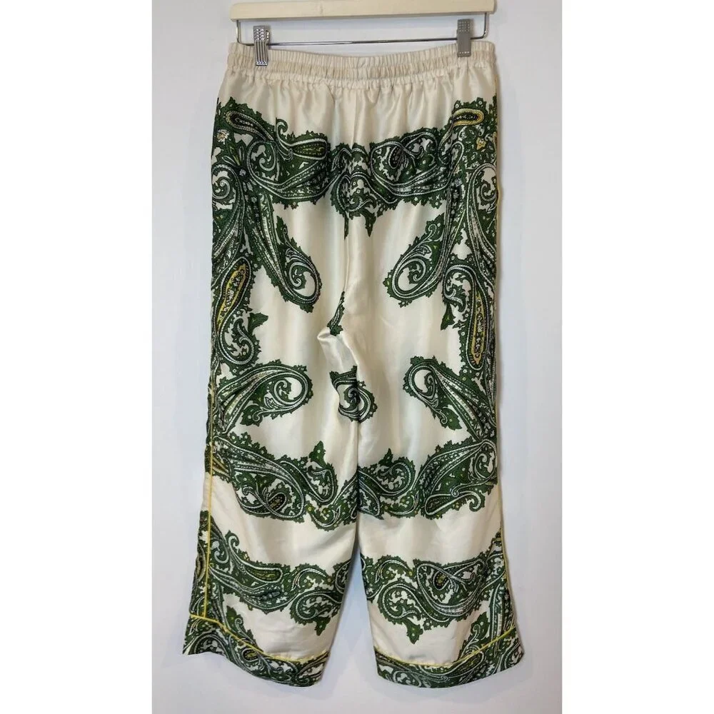 J.Crew Relaxed Pants Wide Leg Paisley Print Cream Green Yellow Size 10